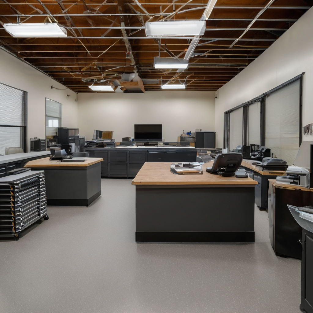 Modern roofing company office and workshop with organized professional space, local business setting and quality equipment displays