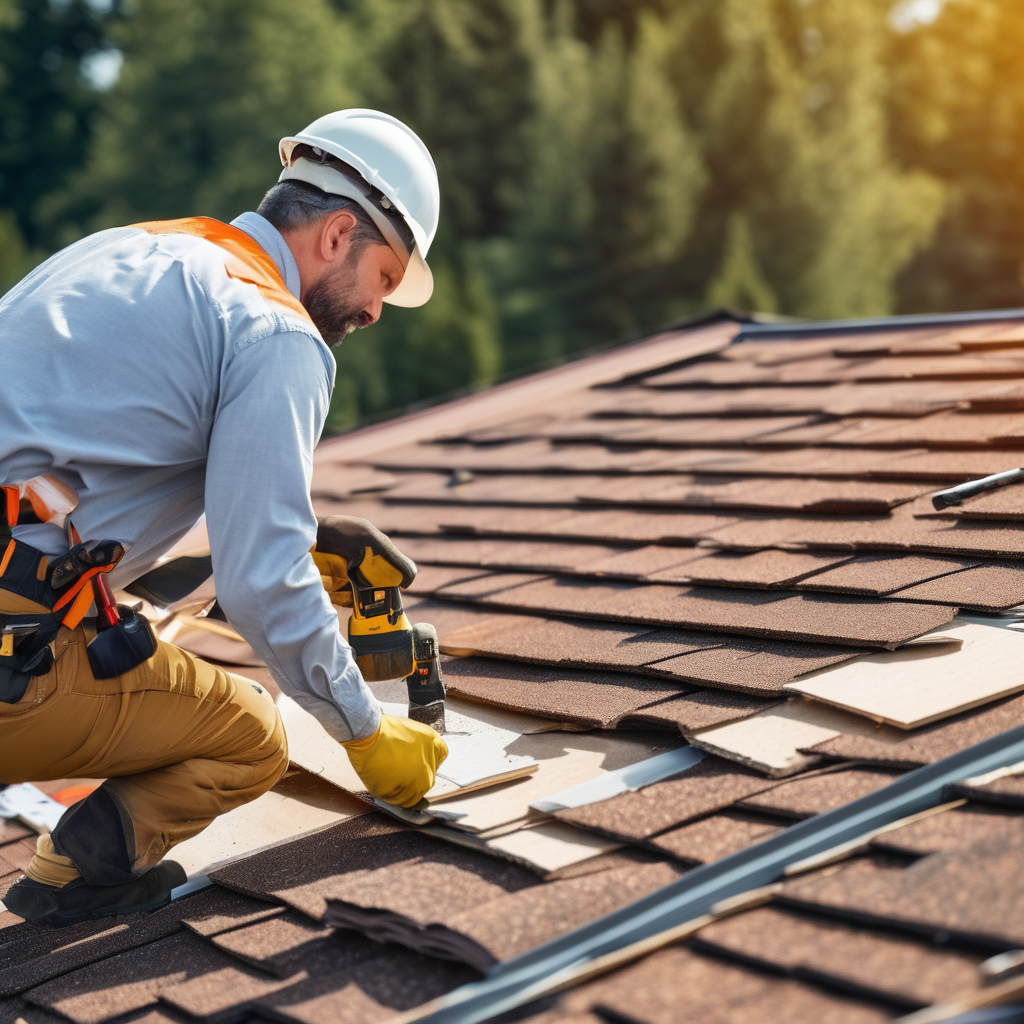 Professional roofer examining roof damage with precision tools in quality workspace