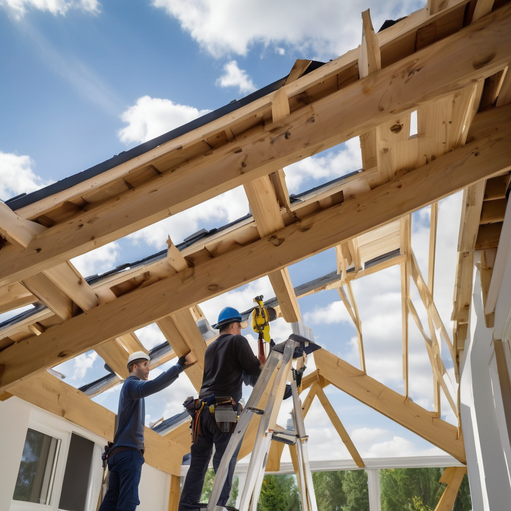 Professional roofers examining residential roof structure in natural daylight, demonstrating expert consultation and modern construction methods