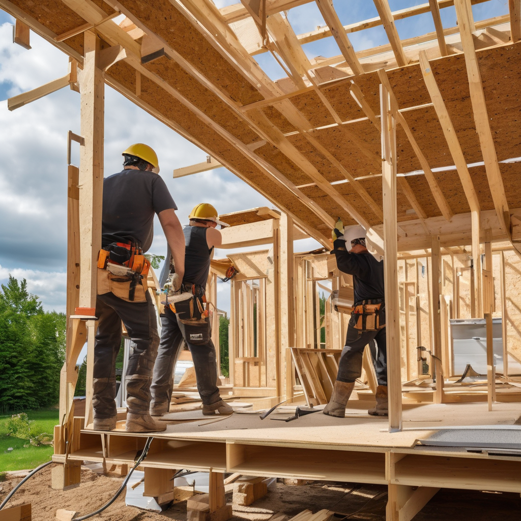 Workers actively installing new roof with materials and tools visible on professional residential worksite