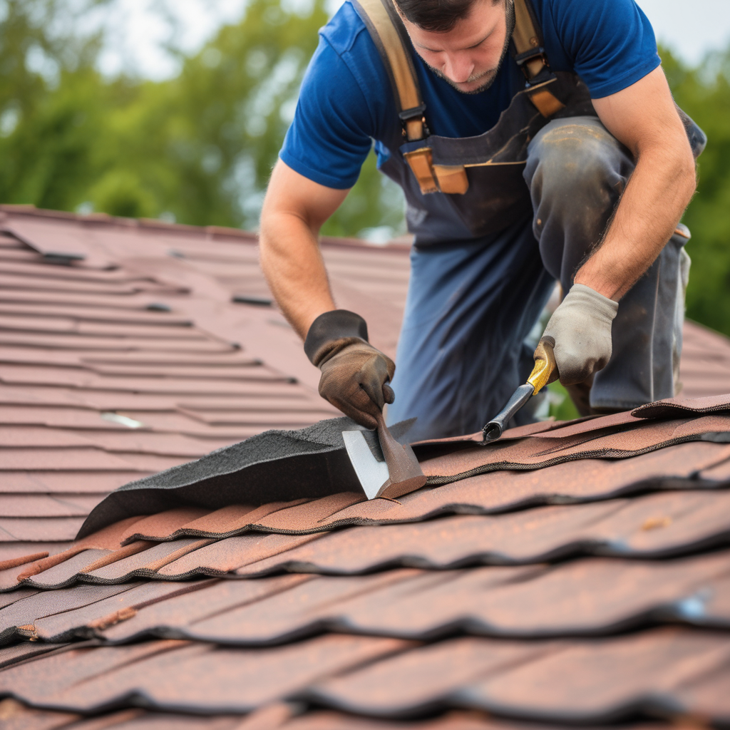 Professional roofer performing detailed roof repair with visible craftsmanship on residential roof