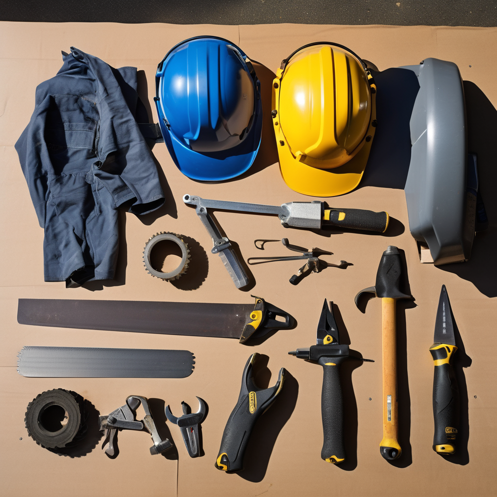 Professional roofing tools and equipment organized and laid out for roof replacement job at worksite