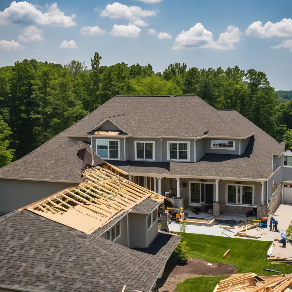 Full roof replacement project actively underway with workers installing new roofing materials on elevated residential roof