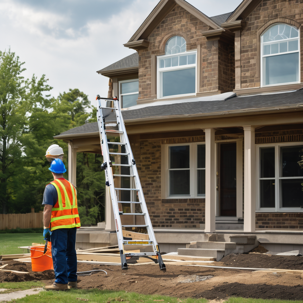 Professional certified contractor with extension ladder and safety equipment positioned at residential house worksite