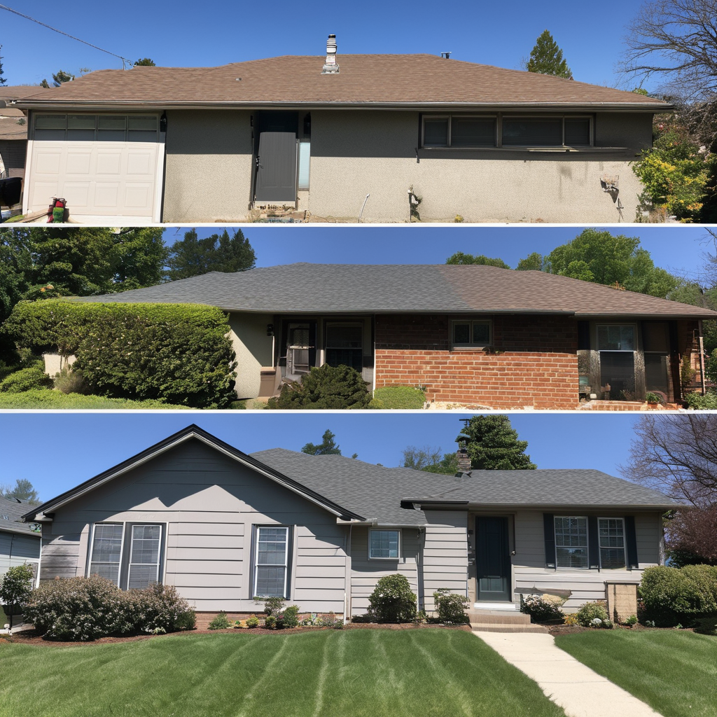Before and after roof repair transformation showing improved residential house exterior with quality finished work